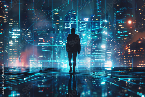 Concept of business technology A cyberpunk-inspired professional businessman strolls over a futuristic network metropolis backdrop with a futuristic interface graphic at night.