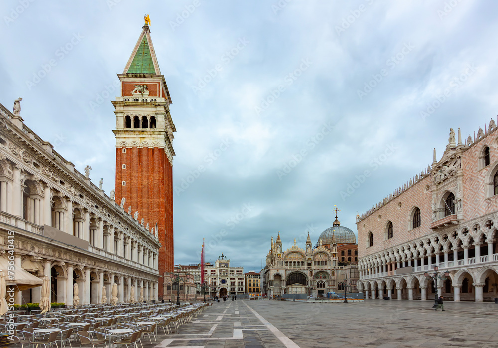 Architecture of St. Mark's square with Campanile tower, basilica San Marco and Doge's palace, Venice, Italy