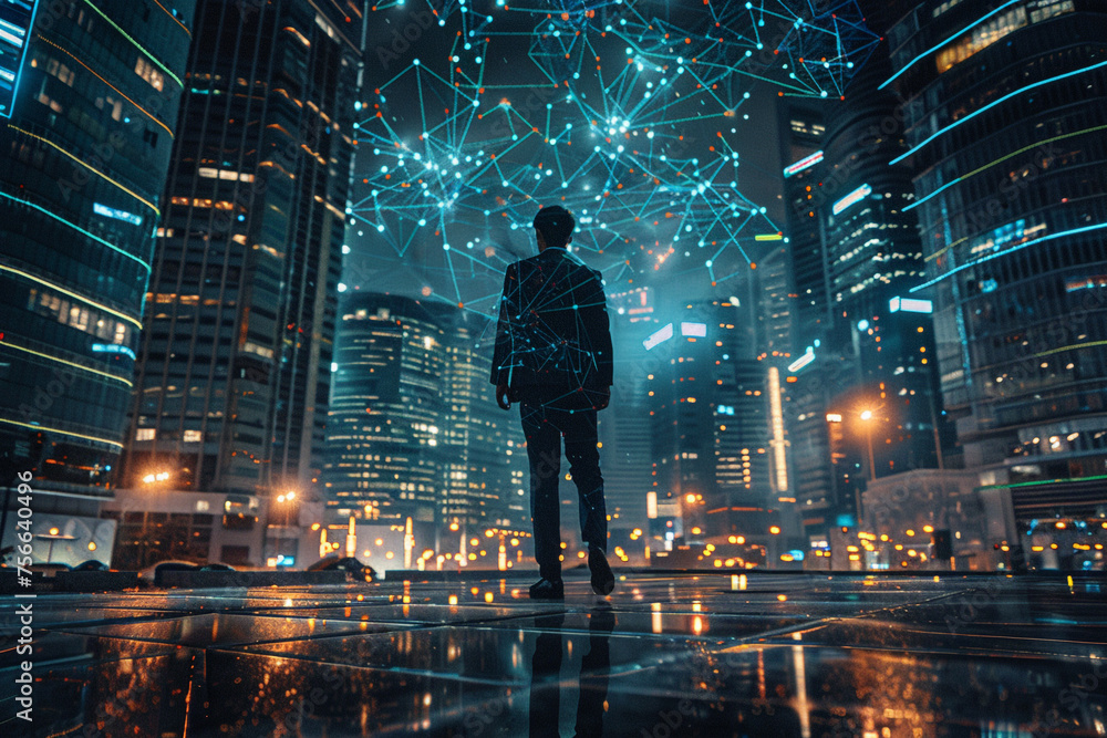 Concept of business technology A cyberpunk-inspired professional businessman strolls over a futuristic network metropolis backdrop with a futuristic interface graphic at night.