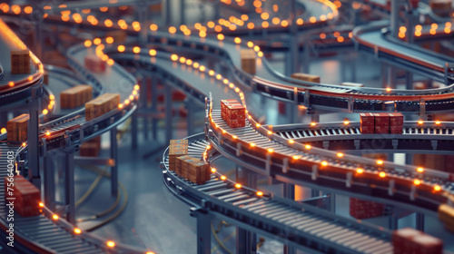A sprawling network of conveyor belts crisscrossing within a distribution center, efficiently routing packages to their respective destinations with precision. 8K -