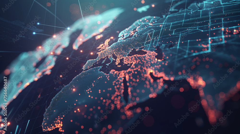 Obraz premium Abstract digital world map, concept of global network and connectivity on Earth, data transfer and cyber technology, information exchange and international telecommunication