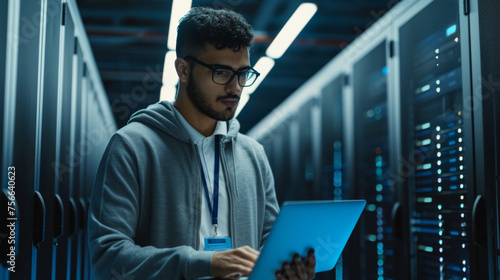 focused man in a hoodie and glasses using a laptop in a server room