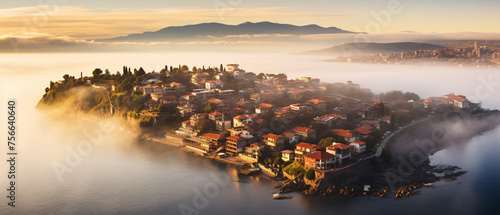Aerial view of fog over a sea town Nessebar Bulgaria .