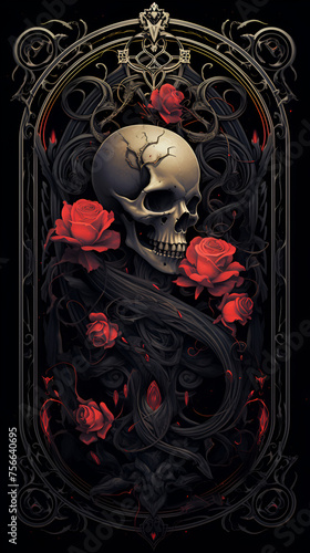 Scary skull surrounded by roses background,generative ai