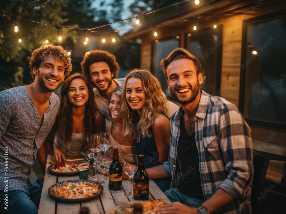 Young people dining and having fun drinking red wine together outdoor at  dinner party