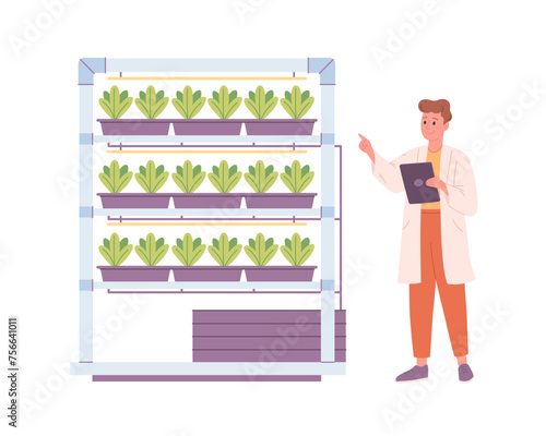 Hydroponics technology for plants growing. Vertical farming. Scientist or biologist grows plants in hydroponic farm. Smart farm. Vector illustration in flat style