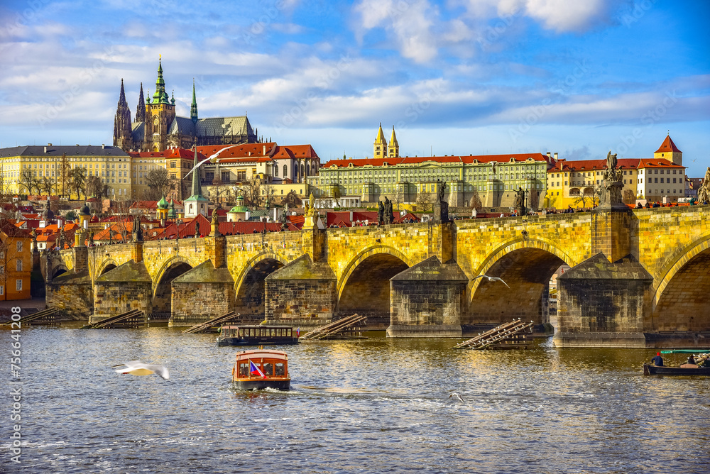 Obraz premium Cityscape of Prague with medieval towers and colorful buildings, Czech Republic