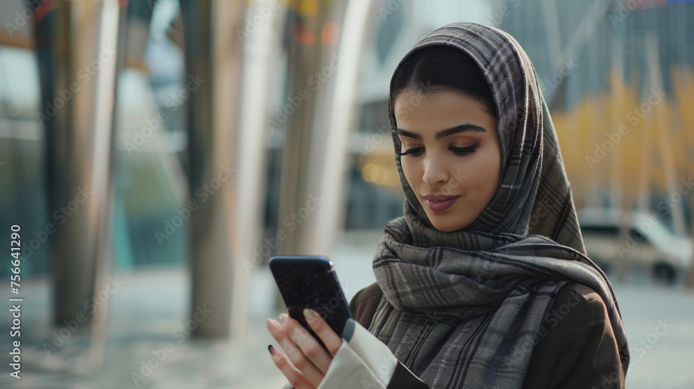 A stylish Arab woman elegantly texting on her smartphone, showcasing the seamless connectivity of 5G digital communication in her everyday life. 8K. -
