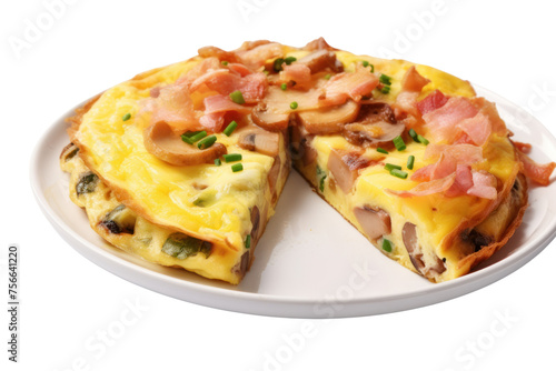 Thin, crispy omelet with mushrooms, ham and cheese, cut into bite-sized pieces. Isolated on a transparent background.