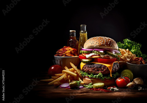 Craft beef burger and french fries on wooden table isolated on dark background.. delicious