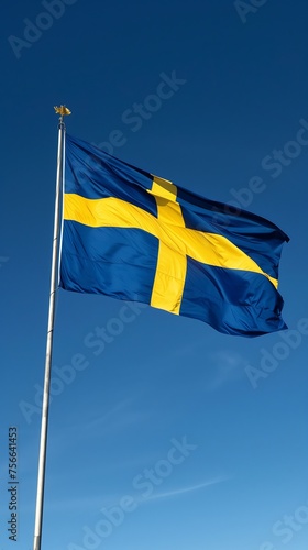 Sweden flag waving in the wind. Swedish national country flag on blue sky background