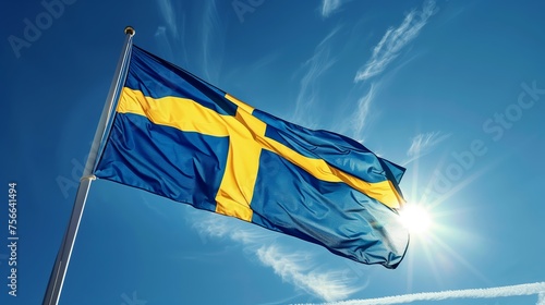 Sweden flag waving in the wind. Swedish national country flag on blue sky background © hardqor4ik