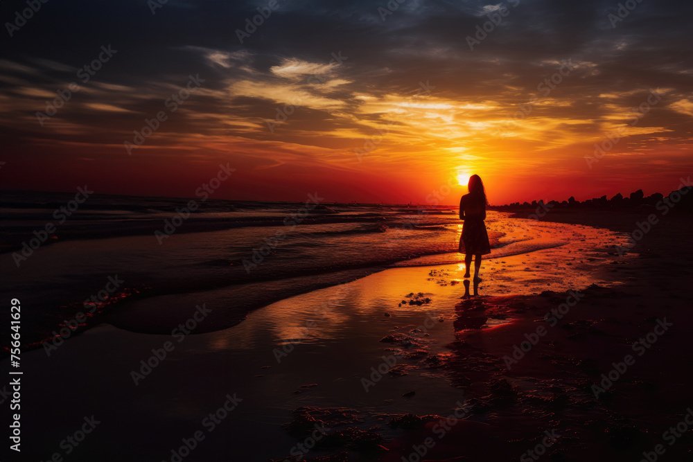 walking at a beach in the sunrise.Beautiful sunrise over the sea.Background