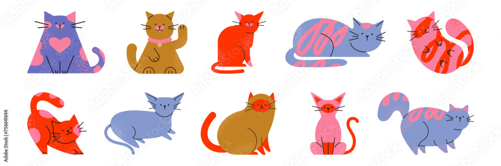 A collection of cute cartoon character cats of different colors with grainy texture in a modern style. Flat doodle style. Vector illustration.