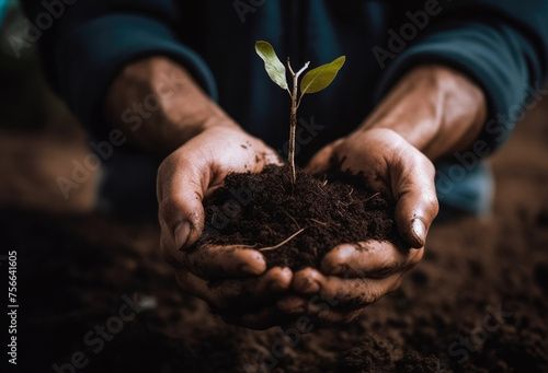 Farming with your bare hands.Close up of a person hands planting seedlings in soil. background