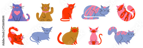A collection of cute cartoon character cats of different colors with grainy texture in a modern style. Flat doodle style. Vector illustration. © Guzal Arislanova