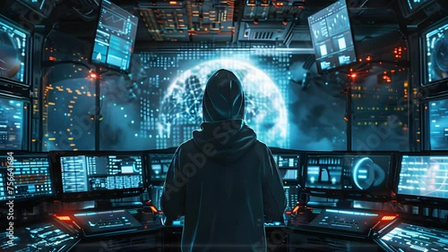 Individual in hooded jacket focused on computer screen depicted across four unique contexts. Seamless Looping 4k Video Animation photo