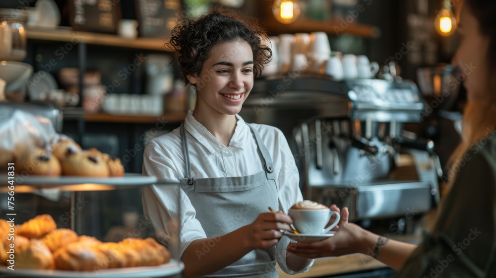 cheerful barista with curly hair is handing over a cup of cappuccino