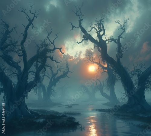 A dense fog rolling over a tranquil marshland, shrouding ancient trees in an ethereal mist as the rising sun casts long shadows