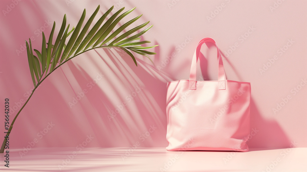 Pink tote bag with a palm leaf shadow on pink background Pink tote bag with a palm leaf shadow on pink background