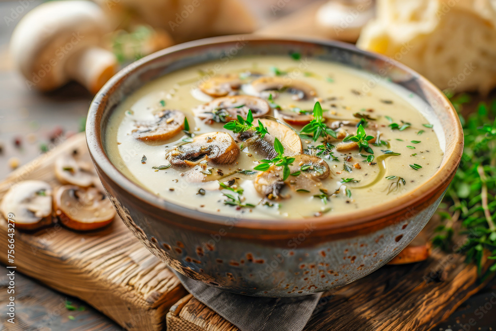 Delectable Creamy Mushroom Soup in Rustic Bowl on Wooden Background Delectable Creamy Mushroom Soup in Rustic Bowl on Wooden Background