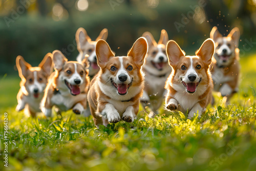 Energetic Welsh Corgis race through the wet grass, embodying the spirit of fun and adventure © smth.design