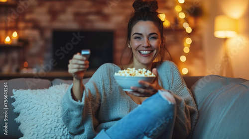 relaxed young woman lying on a couch with a remote in one hand and a bowl of popcorn in the other, smiling at the camera
