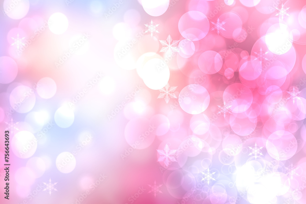 Abstract blurred festive light red pink white winter christmas or Happy New Year background texture with white bokeh circles and stars. Card concept.