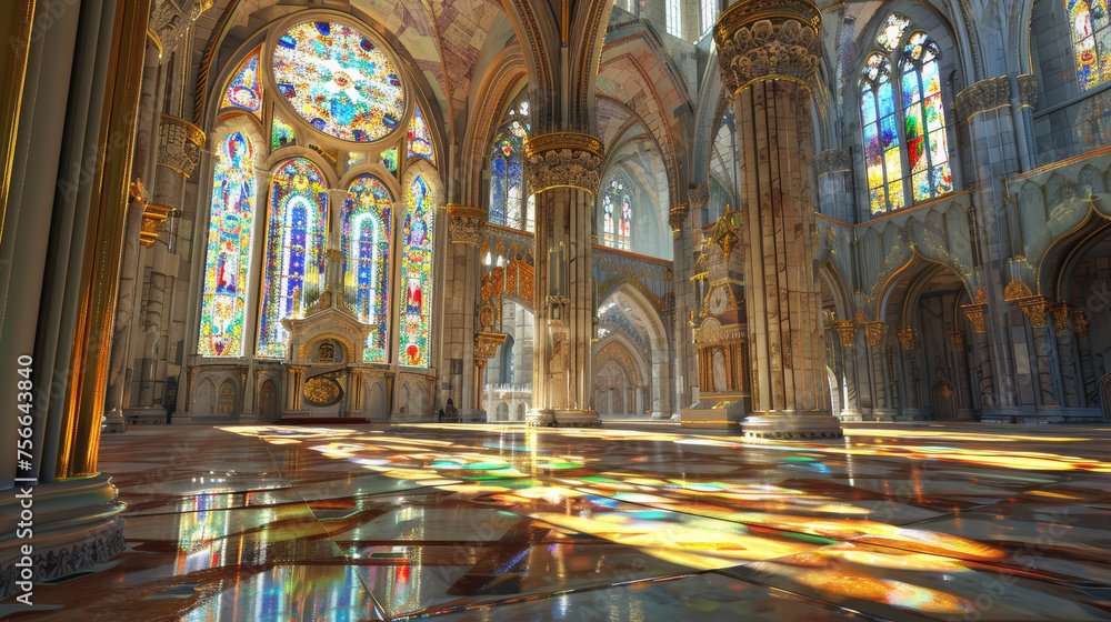 interior of a cathedral with beautiful stained-glass windows 