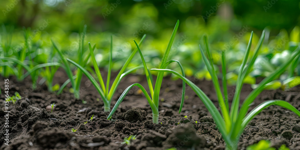 Fresh sprouts of garlic plants as they break through the rich, dark earth during the vibrant spring season Fresh sprouts of garlic plants as they break through the rich, dark earth during the vibrant spring season