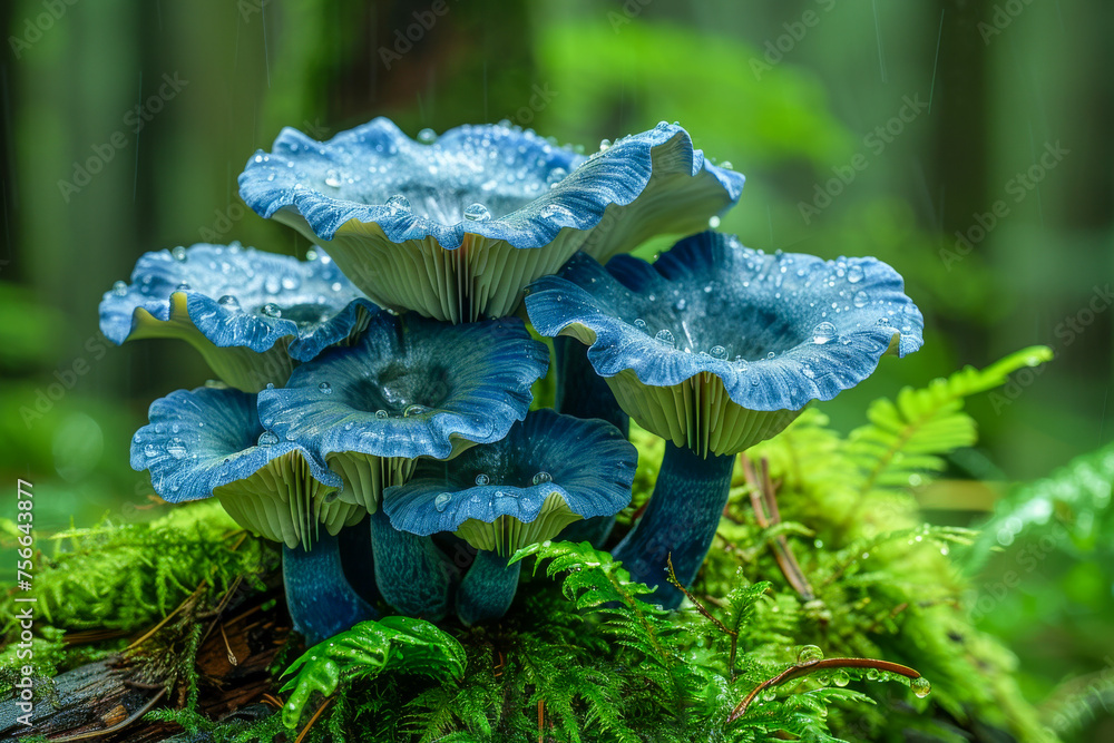Brilliant blue hues of mushrooms contrasting against a backdrop of forest greenery Brilliant blue hues of mushrooms contrasting against a backdrop of forest greenery
