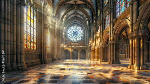 interior of a beautiful cathedral with sunlight streaming through windows photo