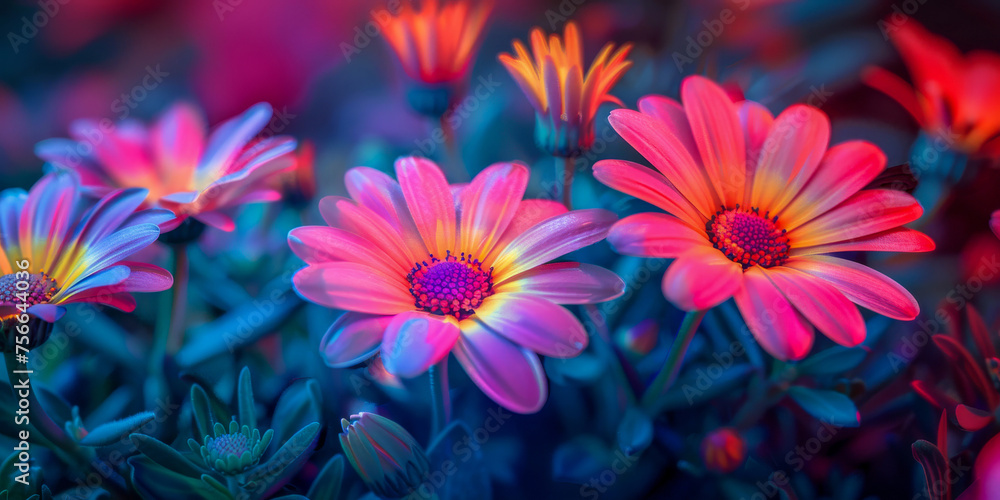 Vibrant daisies with a psychedelic color effect on a dark background, showcasing bright and vivid edges Vibrant daisies with a psychedelic color effect on a dark background, showcasing bright and vivid edges