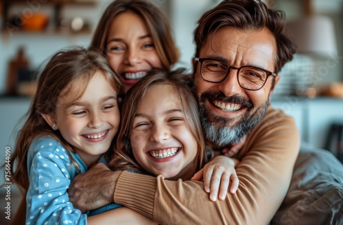 A family of four, including a man and three children, are hugging each other