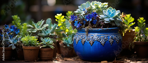 An old blue pot is filled with soil and planted