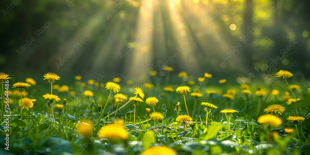 A serene scene of yellow dandelions illuminated by radiant sunbeams