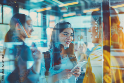 Office workflow procedure.Young coworkers collaborate in a contemporary coworking space.Teenagers having conversations with their partners.horizontal.background blur.