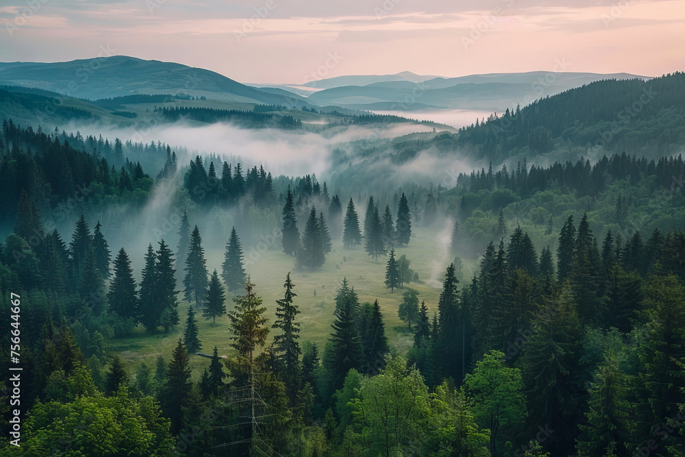 An enchanting sunrise spreads golden rays through the mist covering a serene forested valley