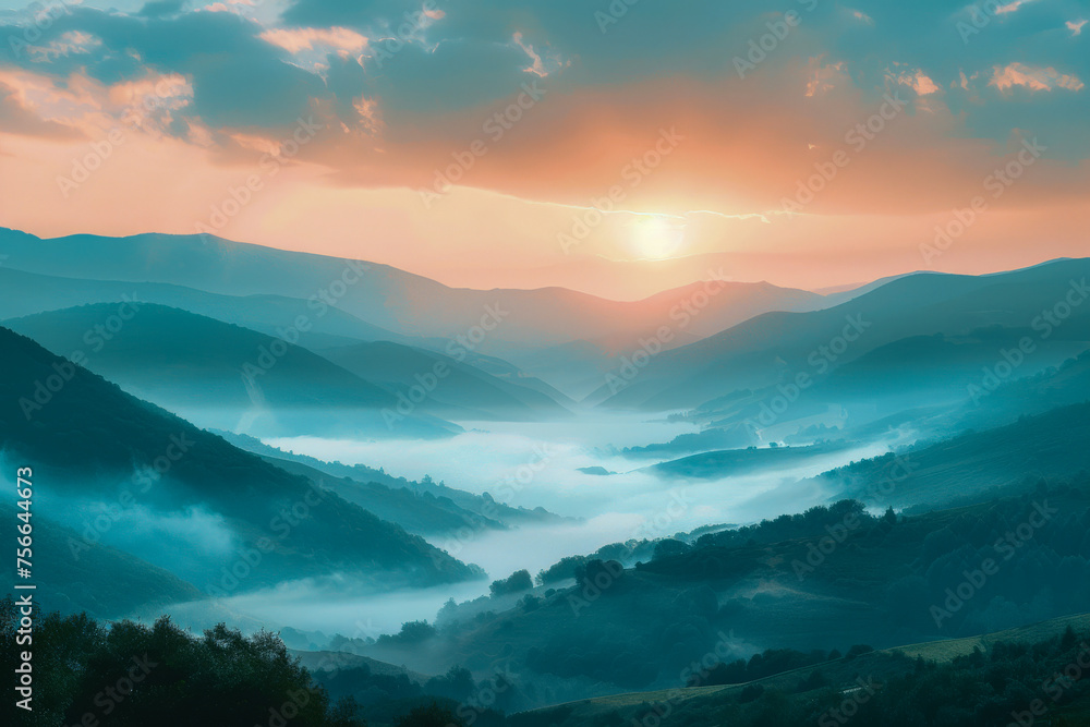 A serene sunrise view of a foggy mountain valley with winding roads and lush greenery - obrazy, fototapety, plakaty 