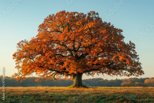 A splendid oak tree showcases its fiery autumn foliage under the warm glow of the setting sun