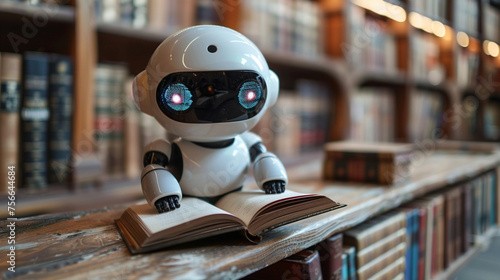 Künstliche Intelligenz im Lernraum: Roboter mit Buch in Universität photo