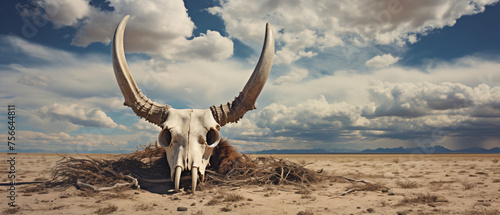 Animal skull in the steppe on the background of clouds