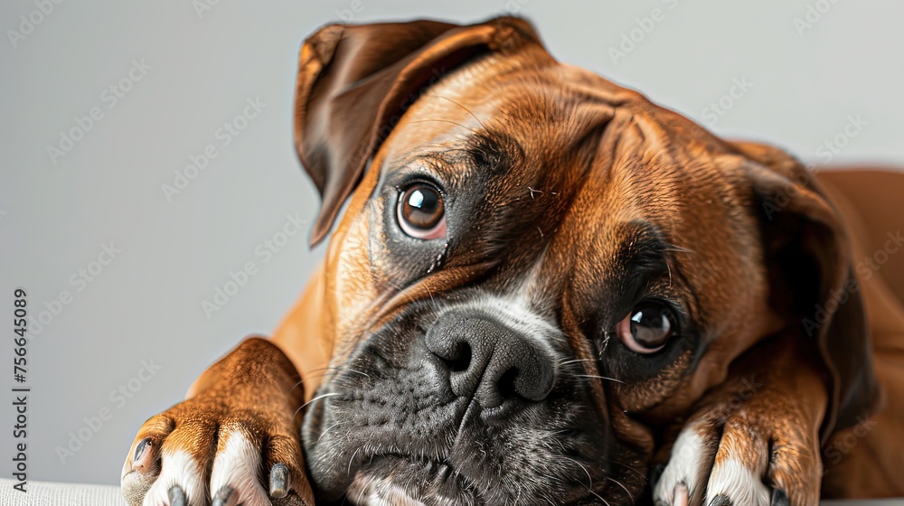 Muzzle of a tiger-colored boxer dog in close-up. The unique and charming features of a tiger-colored boxer.