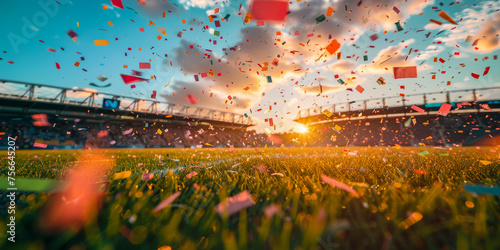 Vibrant confetti rains down on a stadium field as the setting sun bathes the scene in golden light © smth.design