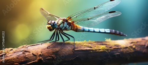 A waterloving arthropod, the dragonfly, is perched on a tree branch. This insect with transparent wings is a common subject for macro photography © AkuAku