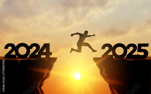 Welcome Merry Christmas in 2025. A young man jump between 2024 and 2025 years over the sun and through on the gap of hill silhouette evening colorful sky. Happy new year. Vector illustration.