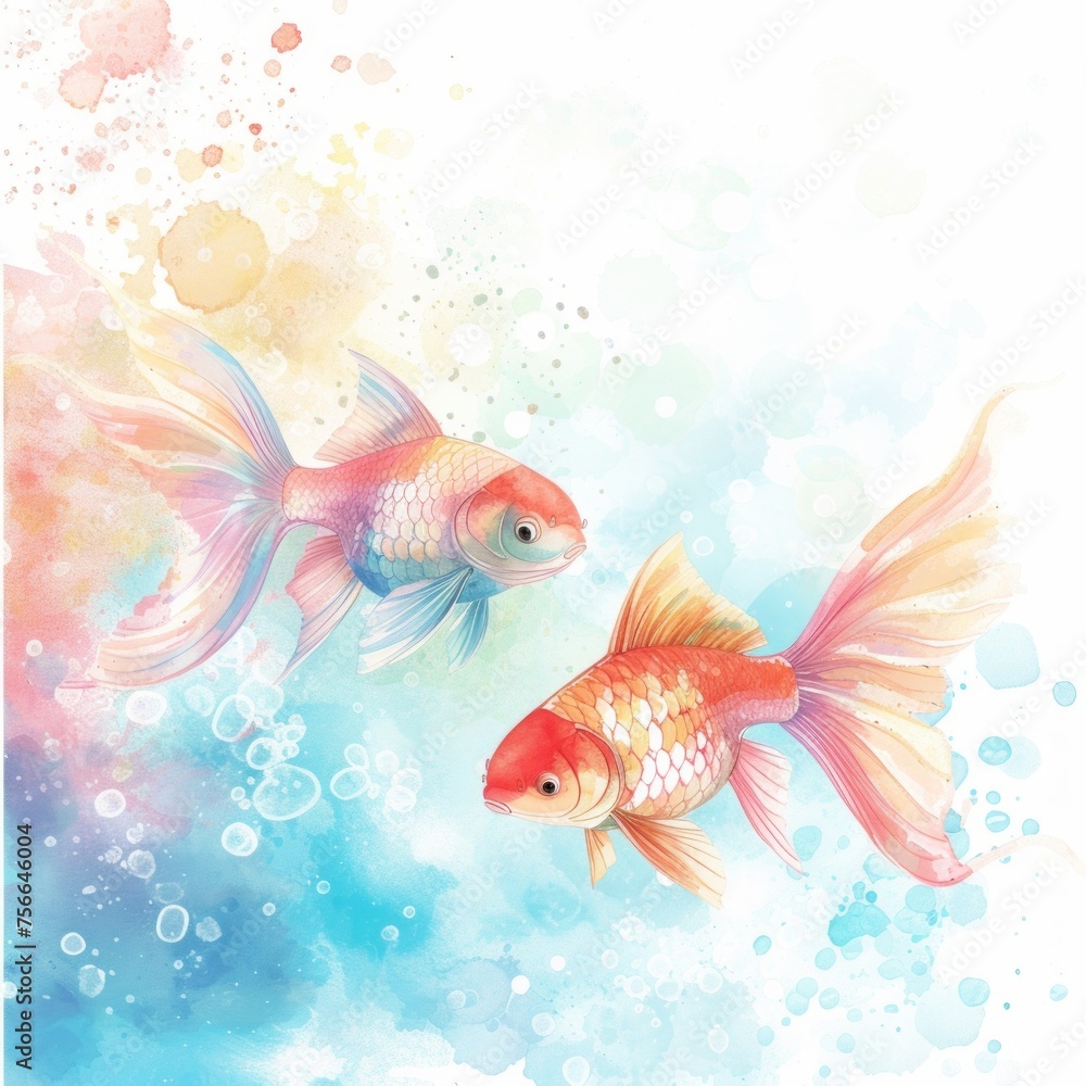 Cute cartoon fishes on watercolor background Cute cartoon fishes on watercolor background