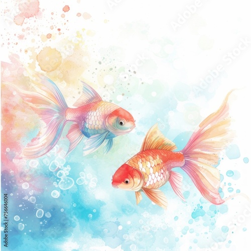 Cute cartoon fishes on watercolor background