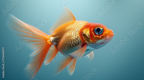 Goldfish on a blue background. Watercolor painting of a goldfish. Copy space for text