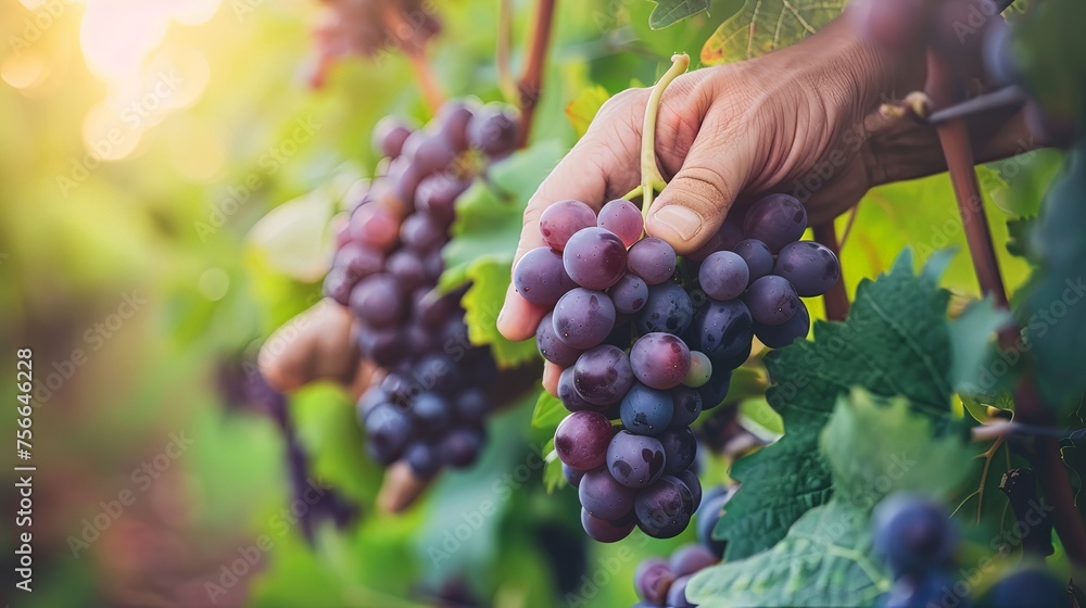 Closeup of woker hand picking ripe grapes from vineyard .